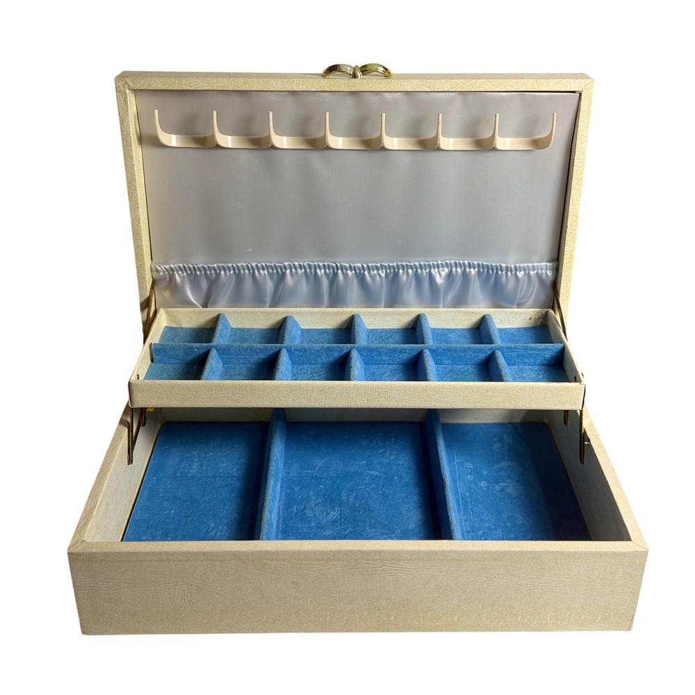 VTG Mele Jewelry Box Cream Faux Leather Blue Velvet Interior Organizer Case
